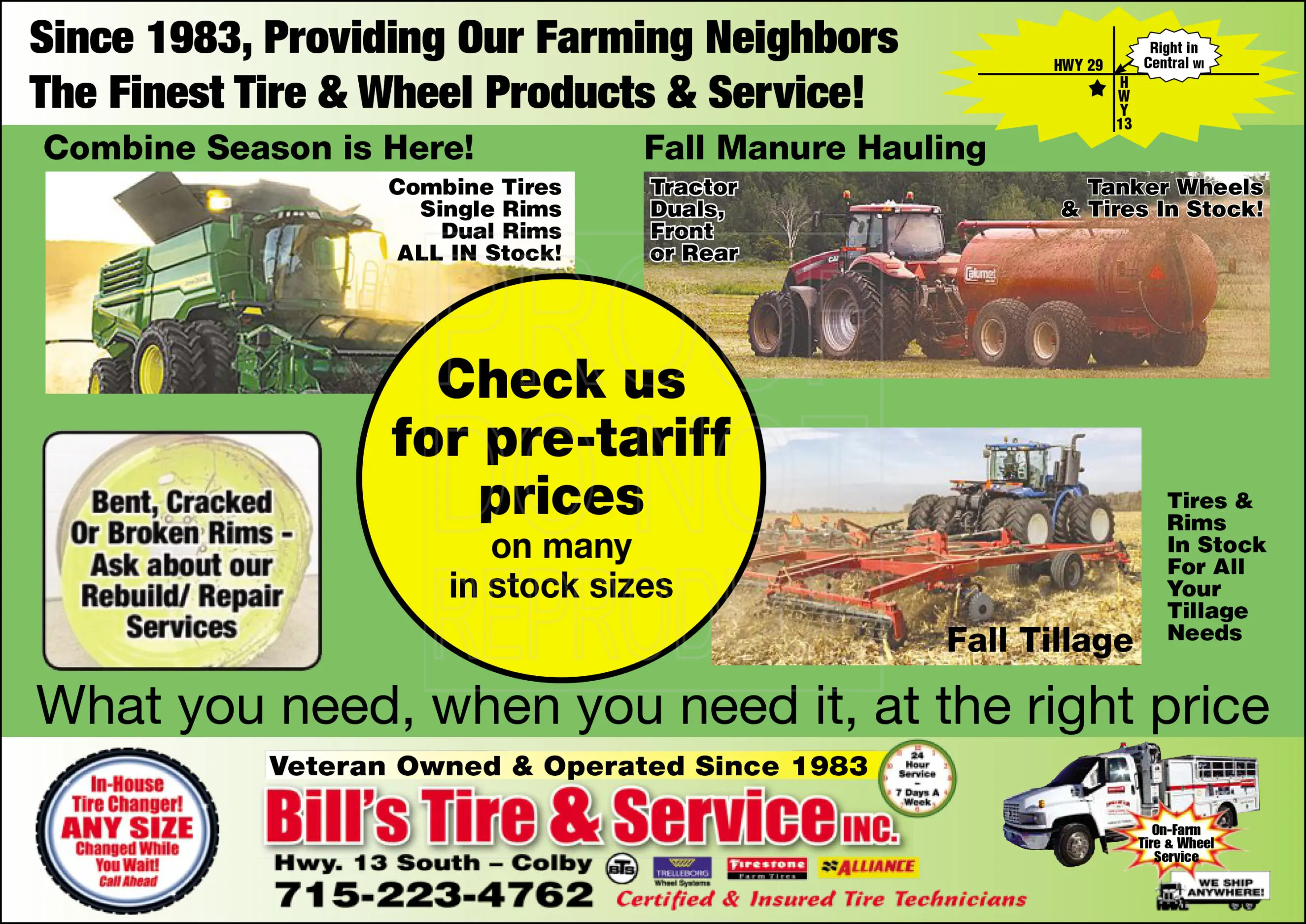 Bills ad-unlocked Promotional flyer showing a green combine and red tractor with tanker and tillage implement, large yellow circle reading “Check us for pre-tariff prices,” headline “Since 1983… The Finest Tire & Wheel Products & Service,” callout about bent/cracked rim repairs and an on‑farm tire service truck illustration.